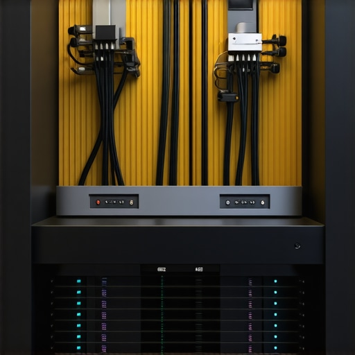 Home theater with organized cables, surge protectors, and power conditioners