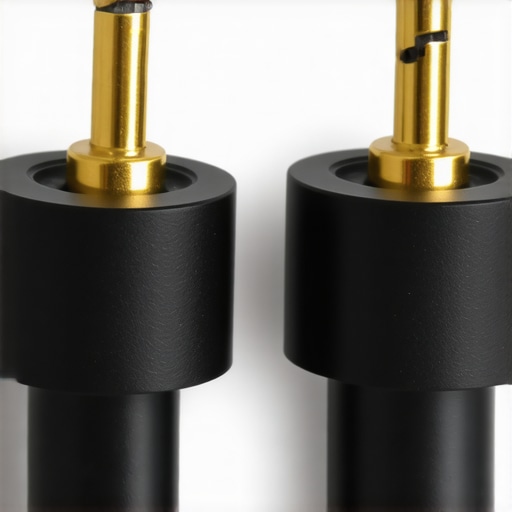 Close-up of gold-plated banana plugs connected to oxygen-free copper speaker wires, illustrating high-quality audio connections.