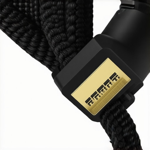 Close-up of braided shielding and gold connectors on a high-end HDMI 2.1 cable.