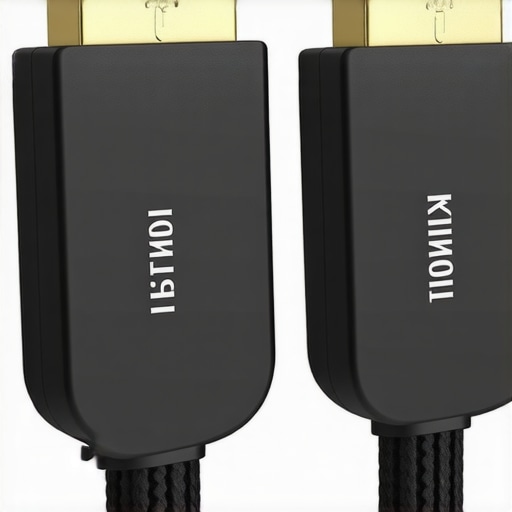 Close-up of a high-quality HDMI 2.1 cable with braided shielding and gold connectors in a home theater environment