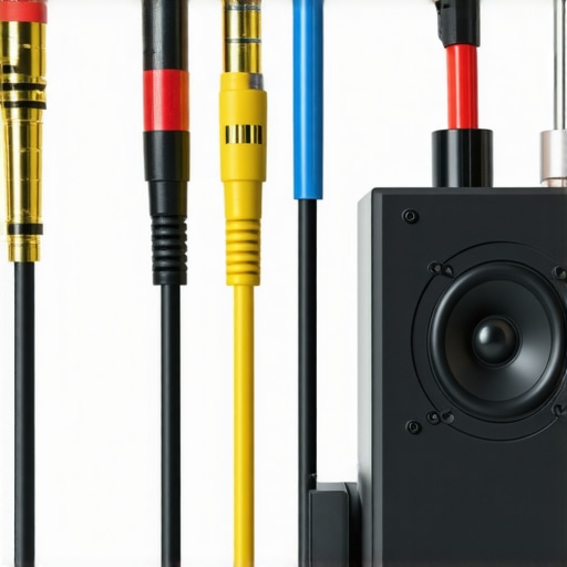 Close-up of high-end speaker wire with banana plugs connected to audio system