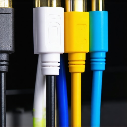 High-Quality HDMI 2.1 and Banana Plugs in Home Theater HDMI 2.1 cable with certification labels and banana plugs connecting speakers in a home theater setup.