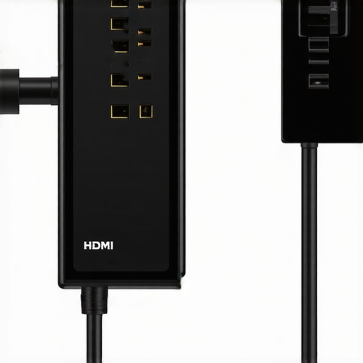 High-Quality HDMI Cable and Surge Protector in Use Close-up of HDMI 2.1 cable with certification labels and a surge protector with multiple outlets