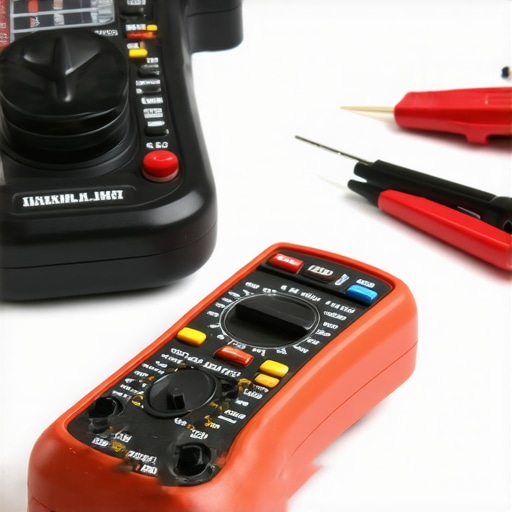 Multimeter and fiber optic cleaning kit on a workbench for AV system maintenance.