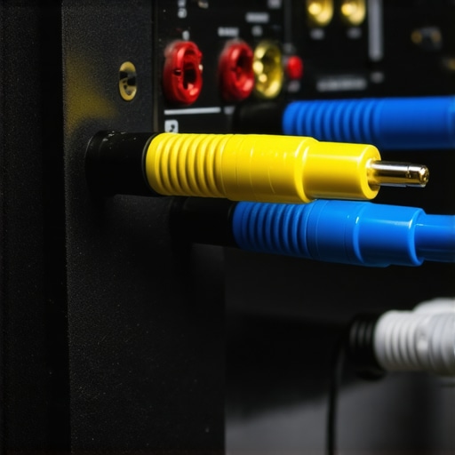 Close-up of gold-plated banana plugs connecting speaker wires in a home theater setup