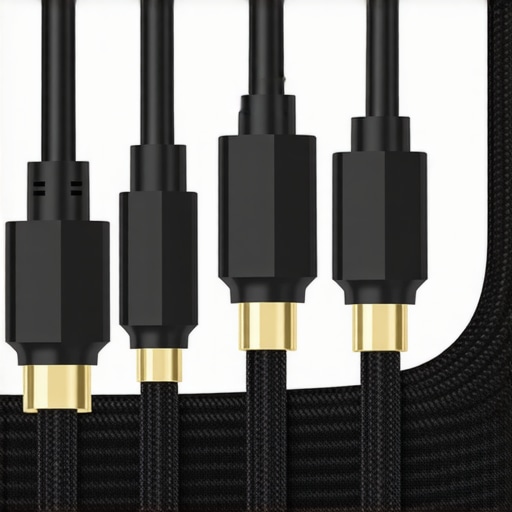 Close-up of a HDMI cable with gold connectors and shielding layers.