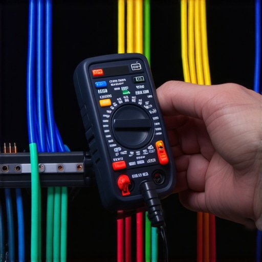 Technician using multimeter to test speaker and HDMI cables in a high-end home theater setup