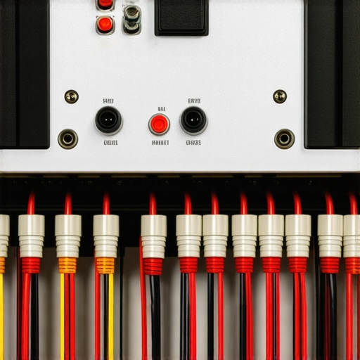 Close-up of banana plug connections on speaker wires in a home theater system