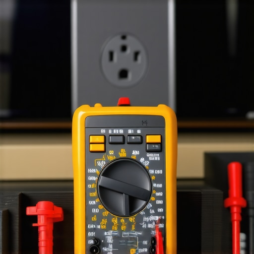 Multimeter testing an electrical outlet in a home theater setup with HDMI and speaker wires nearby