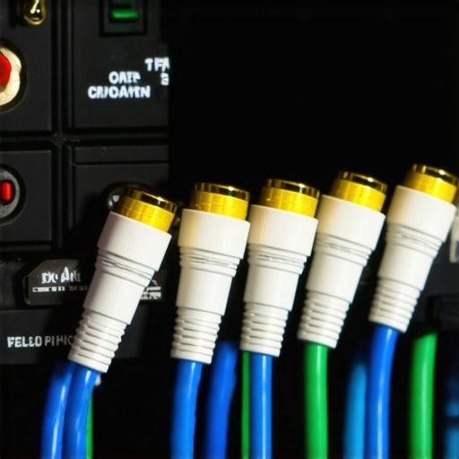 Close-up of banana plugs attached to speaker wires in a home theater setup.
