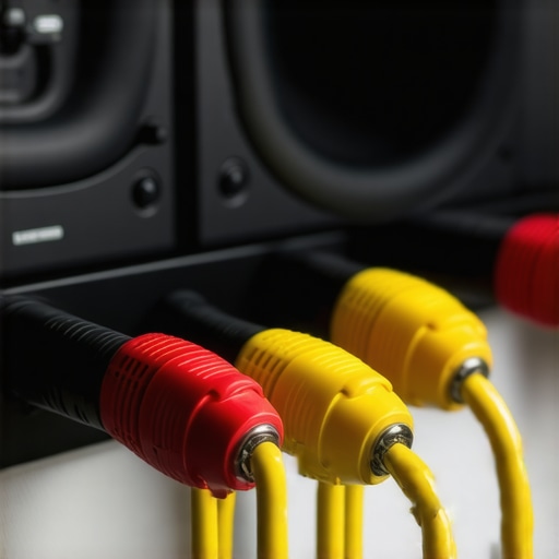 Close-up of banana plugs securely connected to speaker wires on a home theater system.