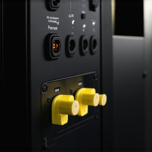 A shot of a premium power conditioner connected with banana plugs in a sophisticated home theater system