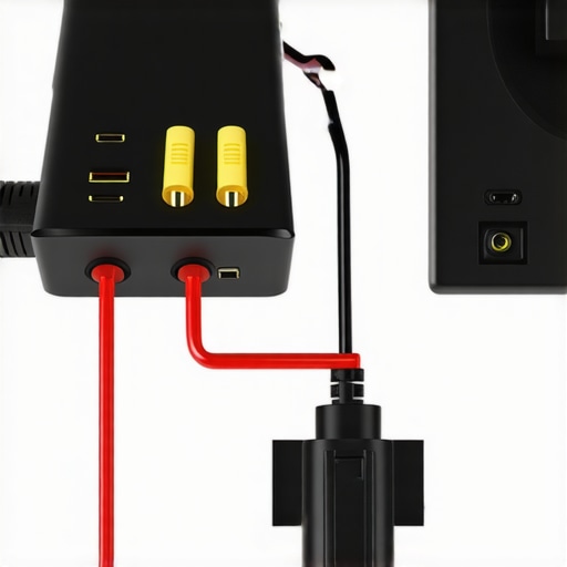 A detailed view of premium banana plugs, surge protector, HDMI cable, power conditioner, and speaker wires arranged neatly on a workbench.