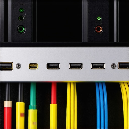 Home Theater Power and Connectivity Setup A modern home theater with visible power conditioners, banana plugs connecting speakers, and HDMI cables connecting devices.