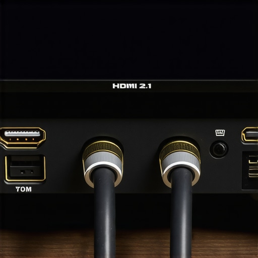Optimized Home Theater Setup HDMI 2.1 cable connected to a home theater system with surge protection and organized wiring