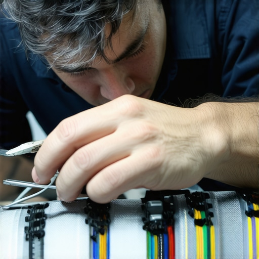 Expert Maintenance of AV Cables and Equipment Technician checking and cleaning high-quality speaker wires, HDMI cables, and power strips in a professional home theater setup