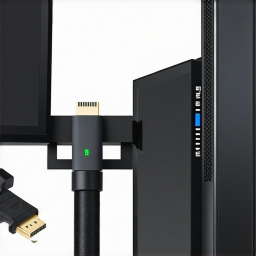 A picture showcasing a certified HDMI 2.1 cable connected to monitor and PC, illustrating stability at high refresh rates.