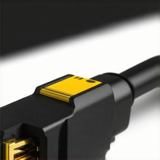 High-end HDMI and Banana Plugs Setup Close-up image showing HDMI 2.1 cable and banana plugs connected to a high-fidelity home theater system, highlighting quality connectors.