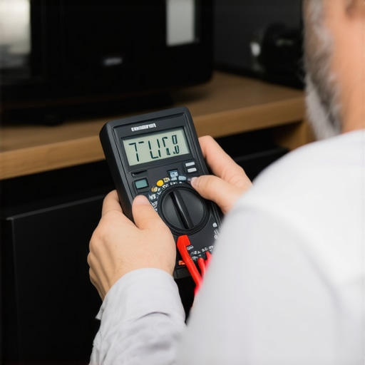 Technician inspecting HDMI cables and power outlets with professional testing equipment