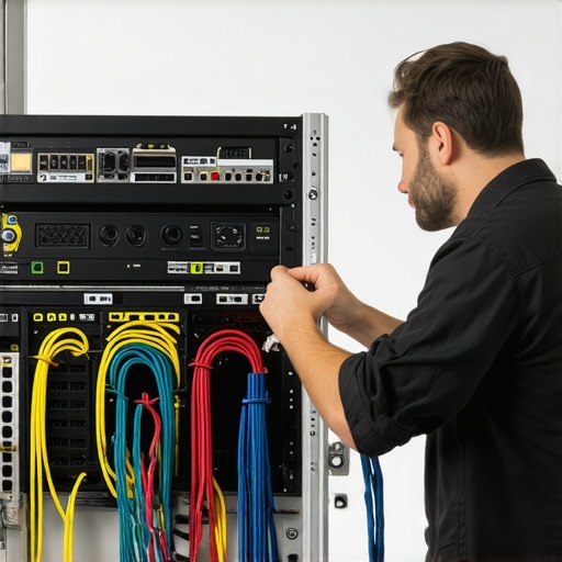Tech inspecting cables and power conditioners in a home theater setup