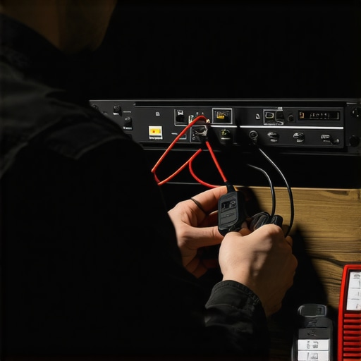 Professional AV Maintenance Tools in Action Technician testing home theater cables and surge protectors with electronic tools