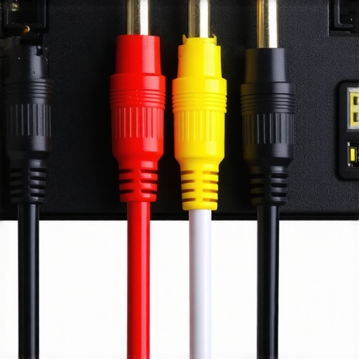 Close-up of locking banana plugs connected to thick speaker wires in a home theater