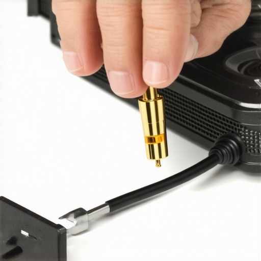 A technician connecting banana plugs to speaker wires in a professional audio setup.